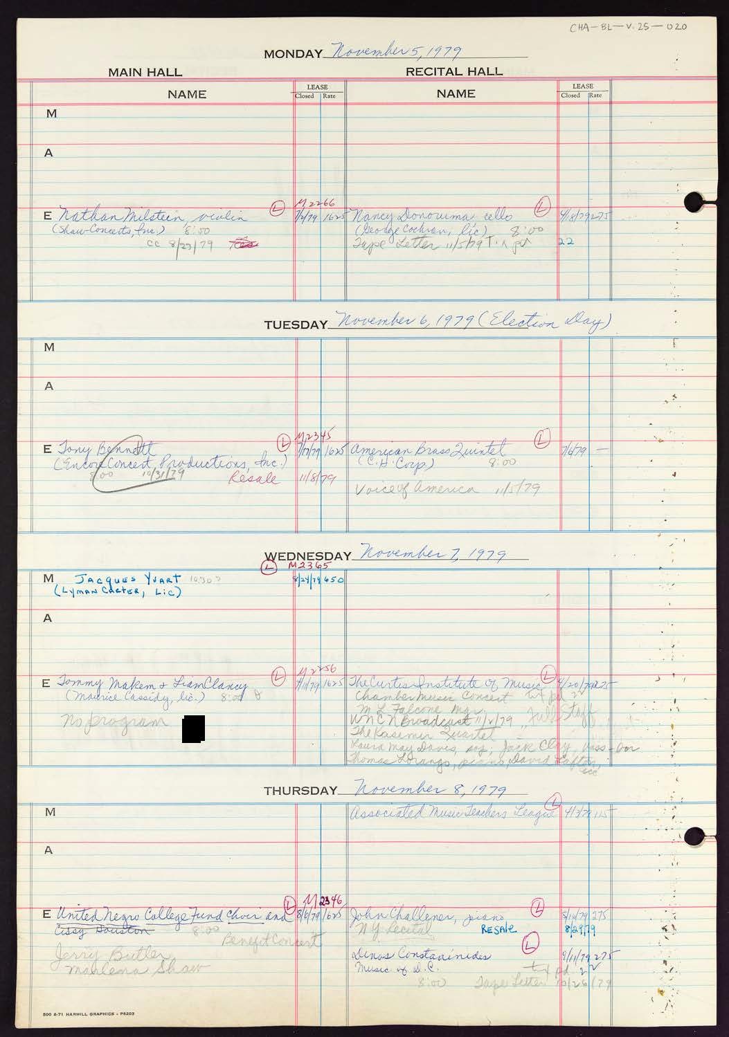 Carnegie Hall Booking Ledger, volume 25, page 20