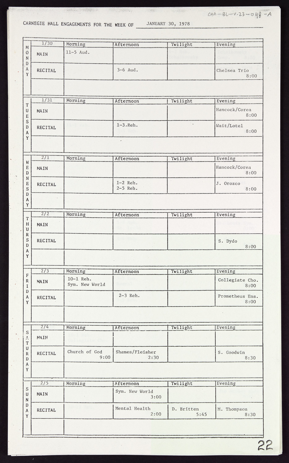 Carnegie Hall Booking Ledger, volume 23, page 48a