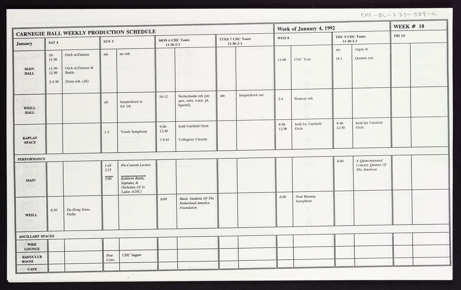 Carnegie Hall Booking Ledger, volume 37, page 39a