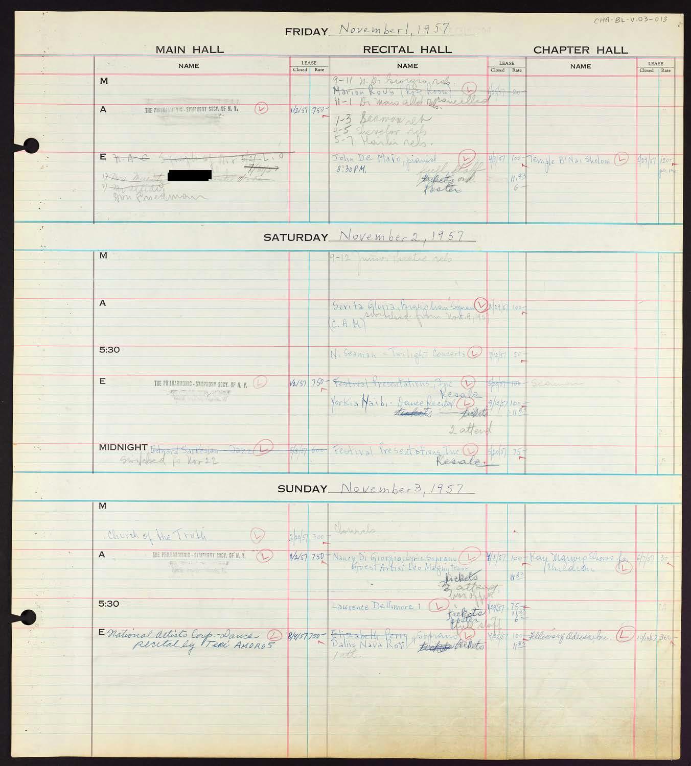 Carnegie Hall Booking Ledger, volume 3, page 13