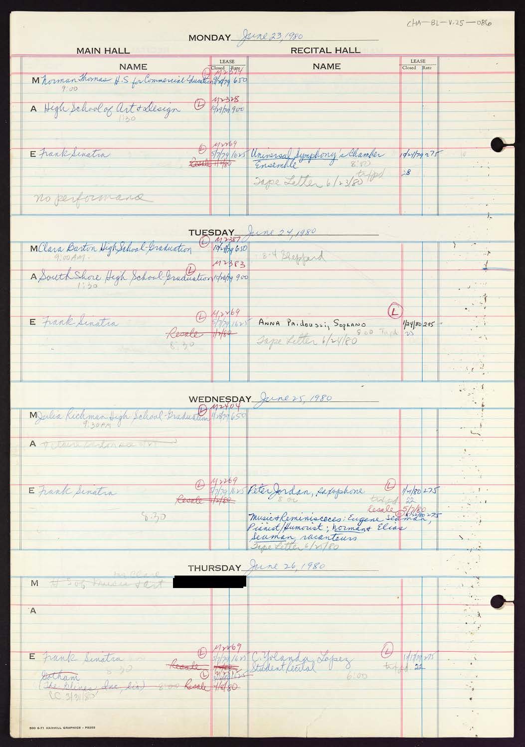 Carnegie Hall Booking Ledger, volume 25, page 86