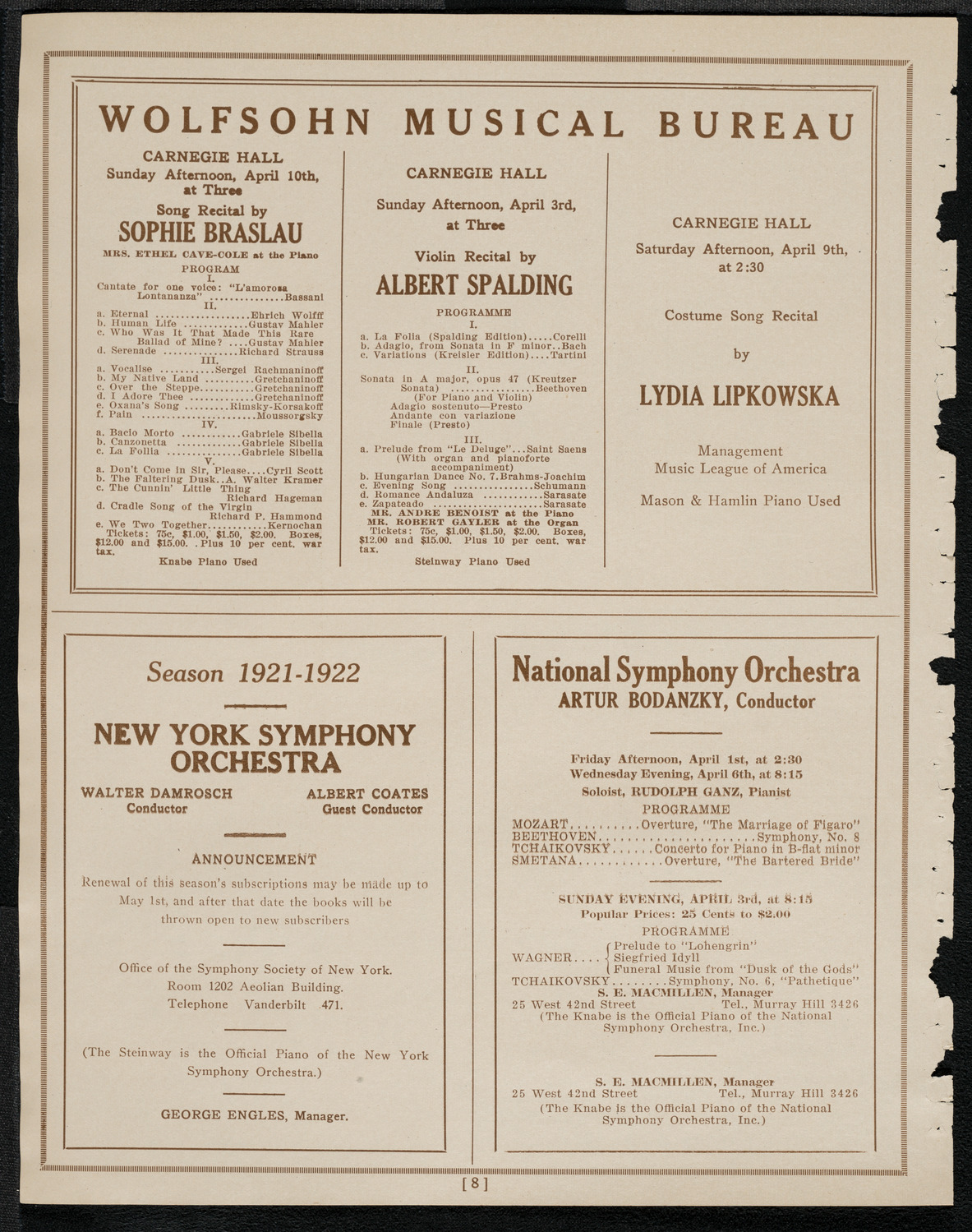 National Symphony Orchestra, March 29, 1921, program page 8