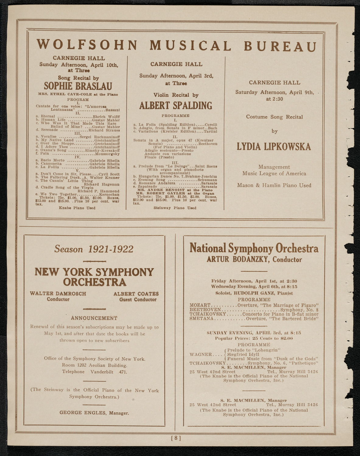 National Symphony Orchestra, March 29, 1921, program page 8