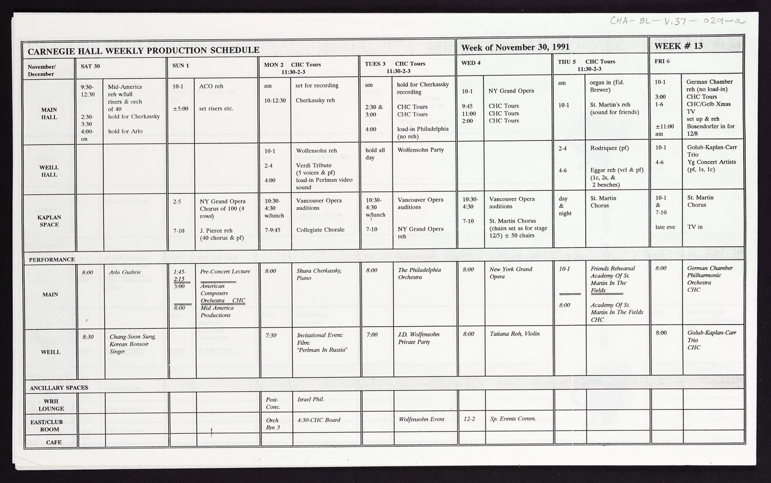 Carnegie Hall Booking Ledger, volume 37, page 29a