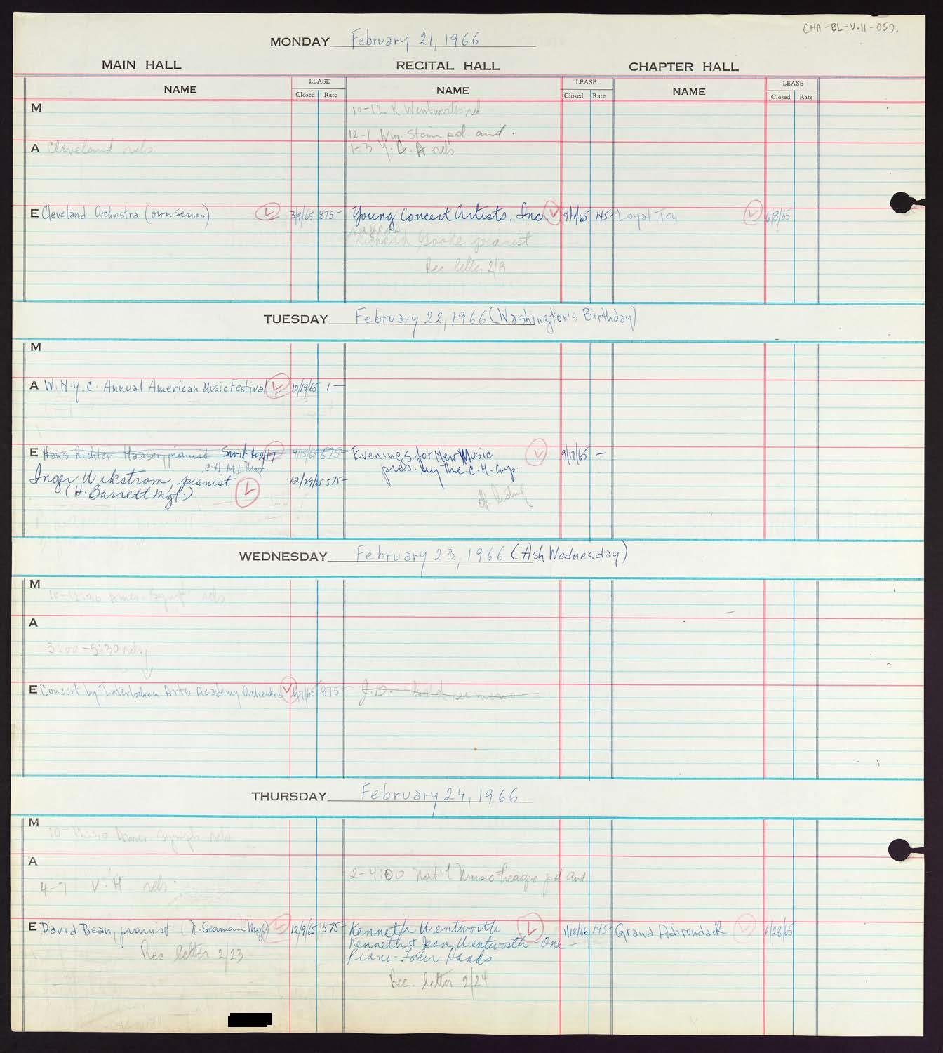 Carnegie Hall Booking Ledger, volume 11, page 52