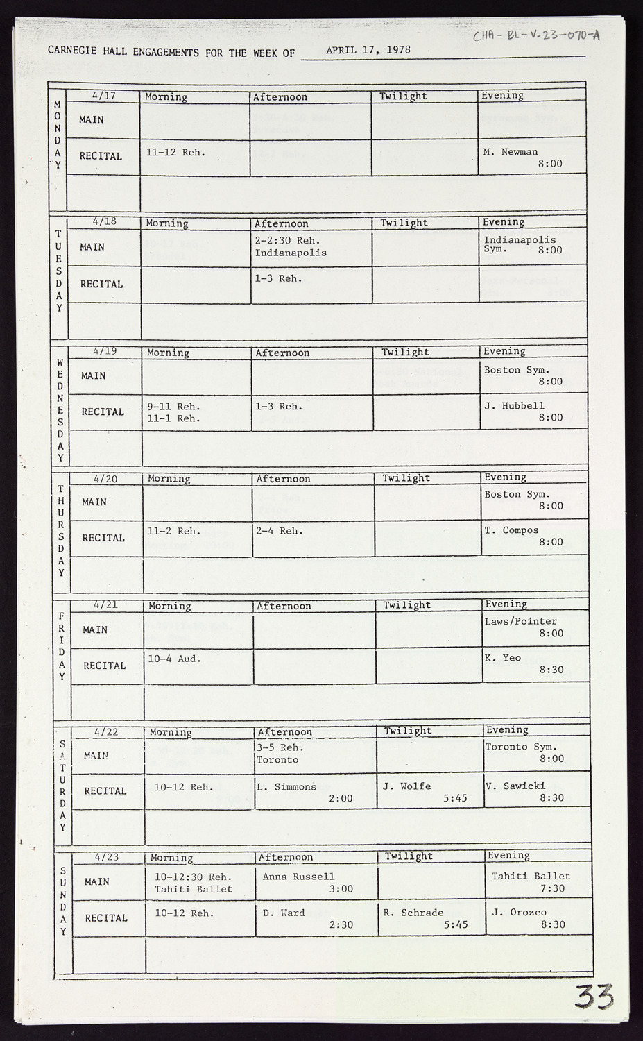 Carnegie Hall Booking Ledger, volume 23, page 70a