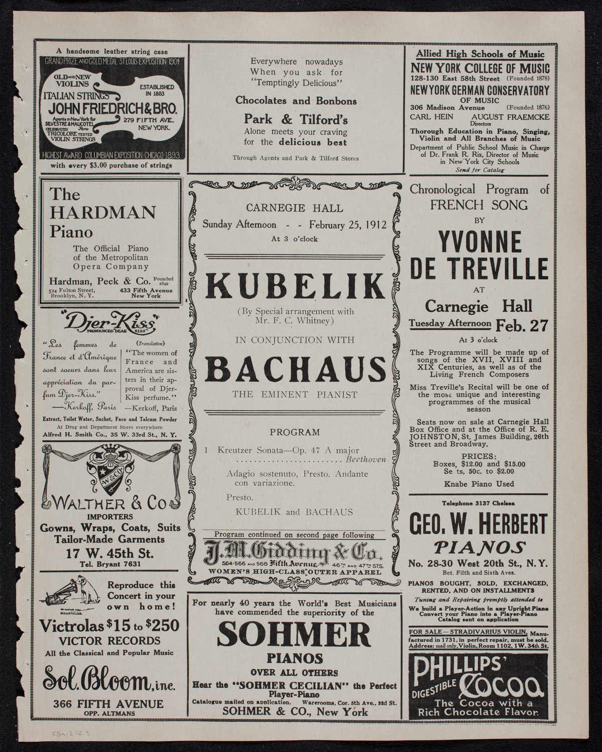 Jan Kubelik, Violin, and Wilhelm Backhaus, Piano, February 25, 1912, program page 5