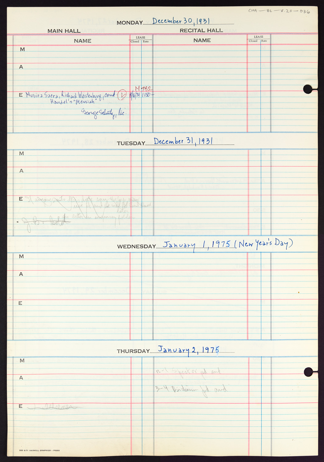 Carnegie Hall Booking Ledger, volume 20, page 36