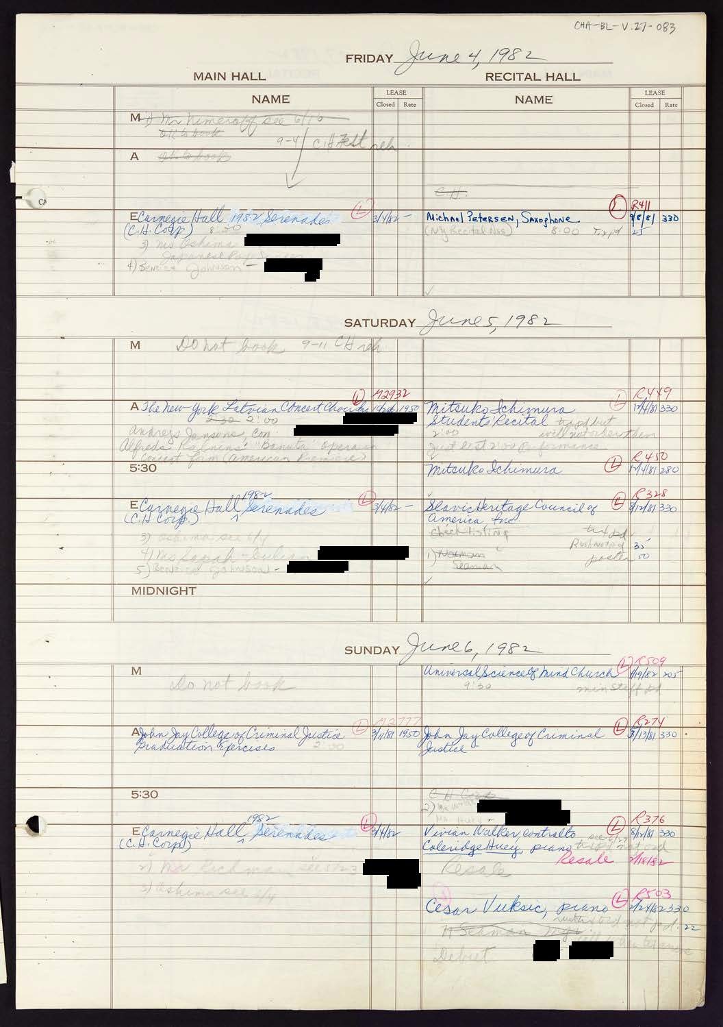 Carnegie Hall Booking Ledger, volume 27, page 83