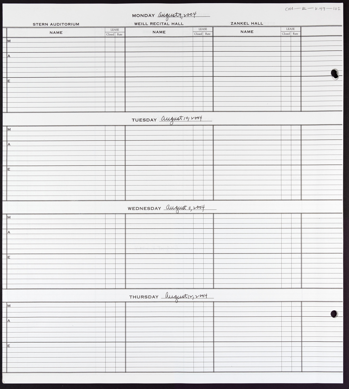 Carnegie Hall Booking Ledger, volume 49, page 102