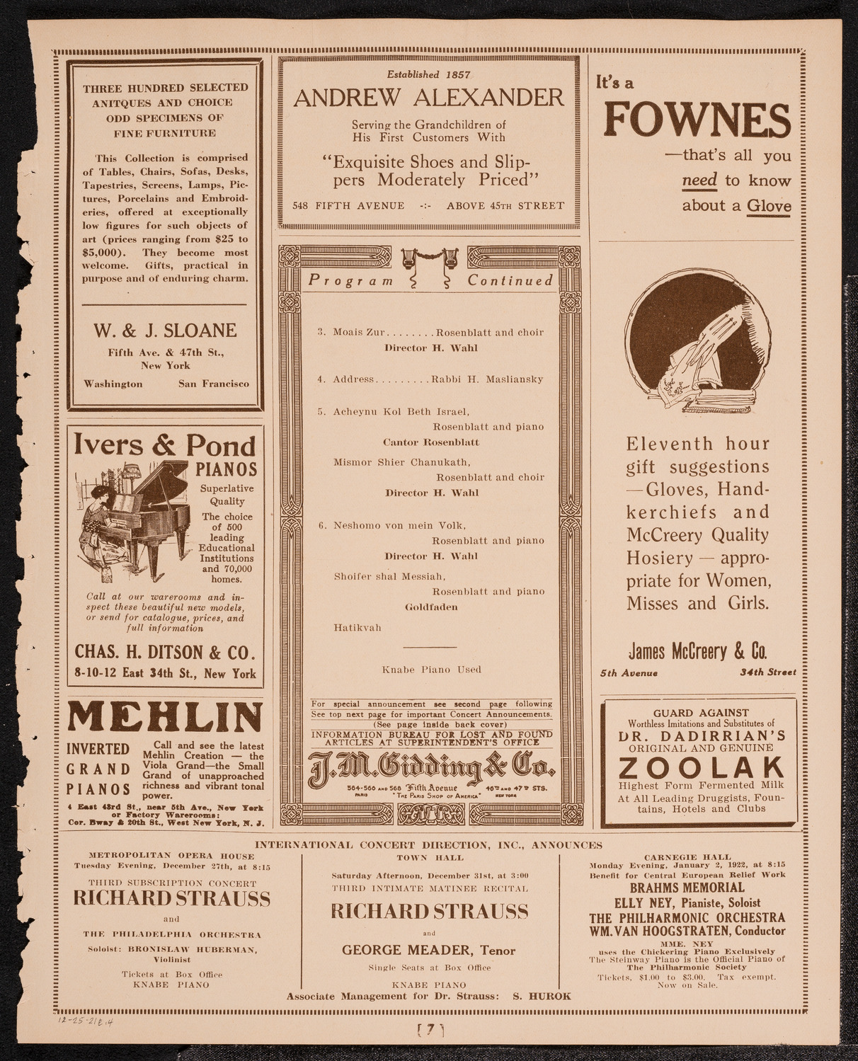 Chanuka Concert by Cantor Josef Rosenblatt, December 25, 1921, program page 7