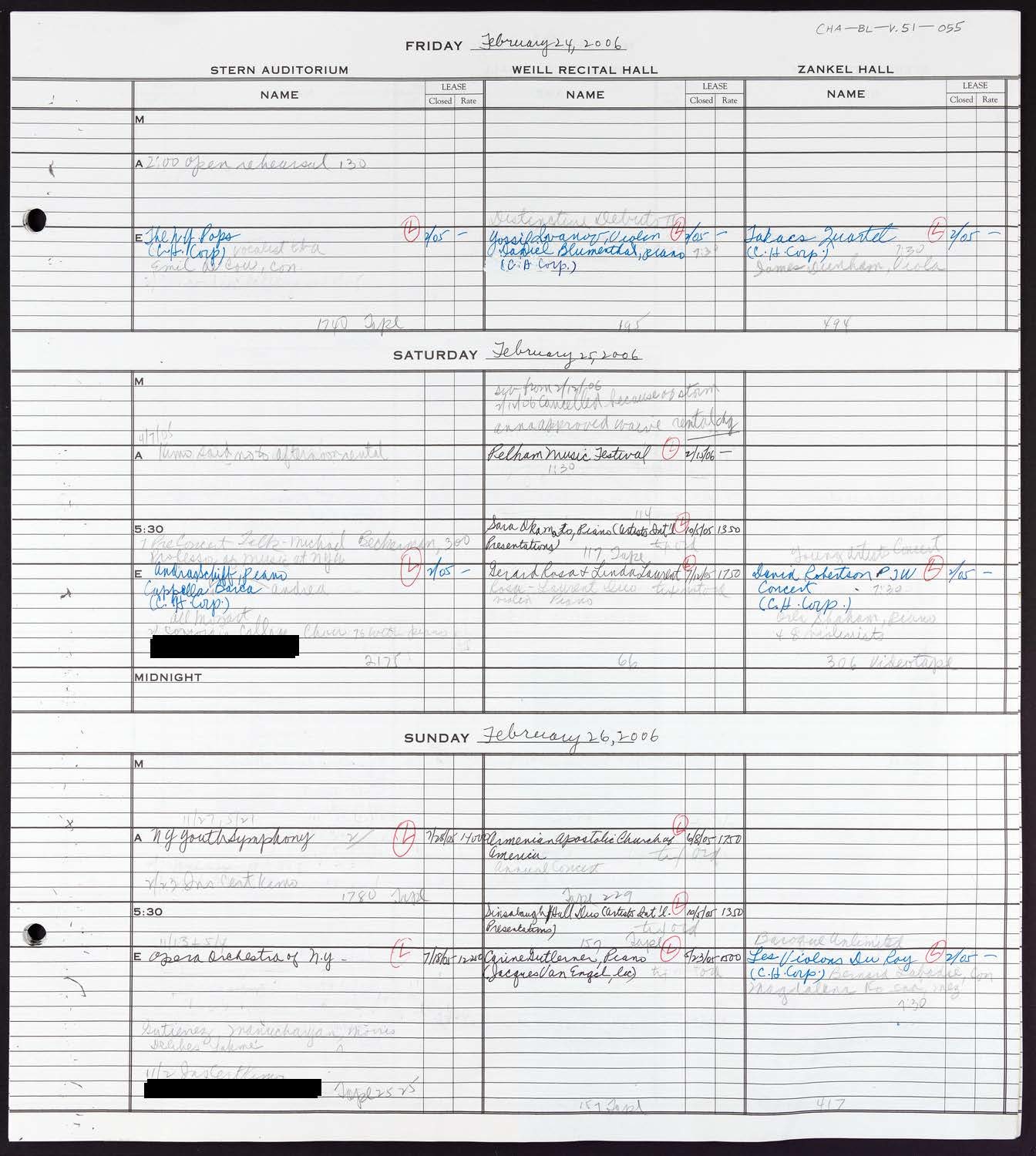 Carnegie Hall Booking Ledger, volume 51, page 55