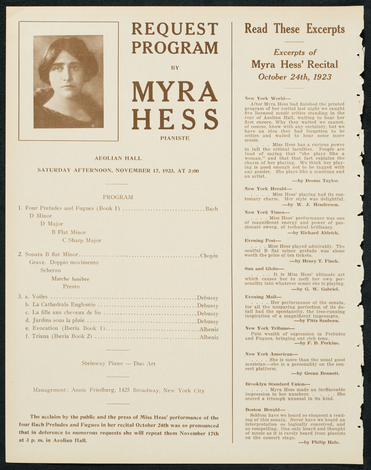 Pavel Ludikar, Bronislaw Huberman, and Alexander Borovsky, November 13, 1923, program page 4