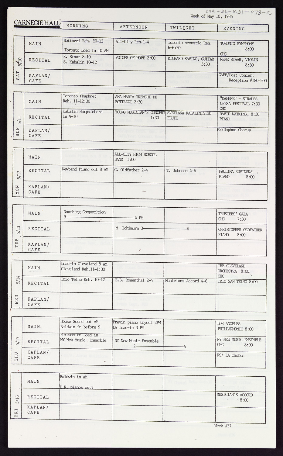 Carnegie Hall Booking Ledger, volume 31, page 73a