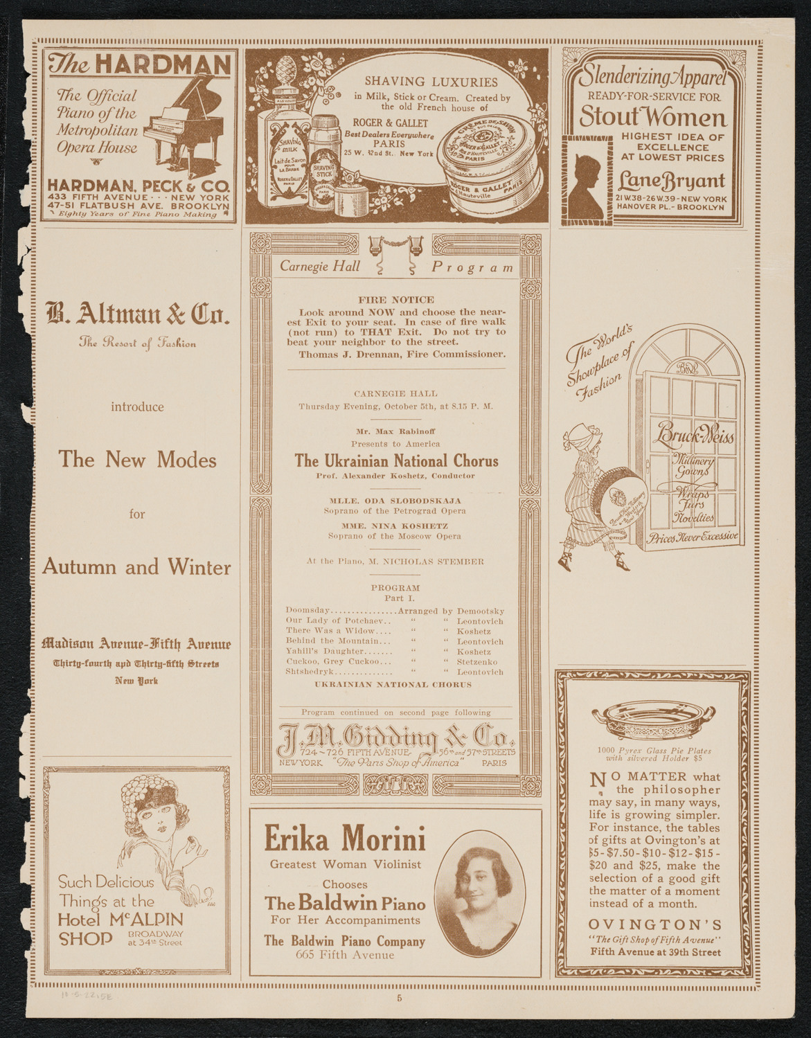 Ukrainian National Chorus, October 5, 1922, program page 5