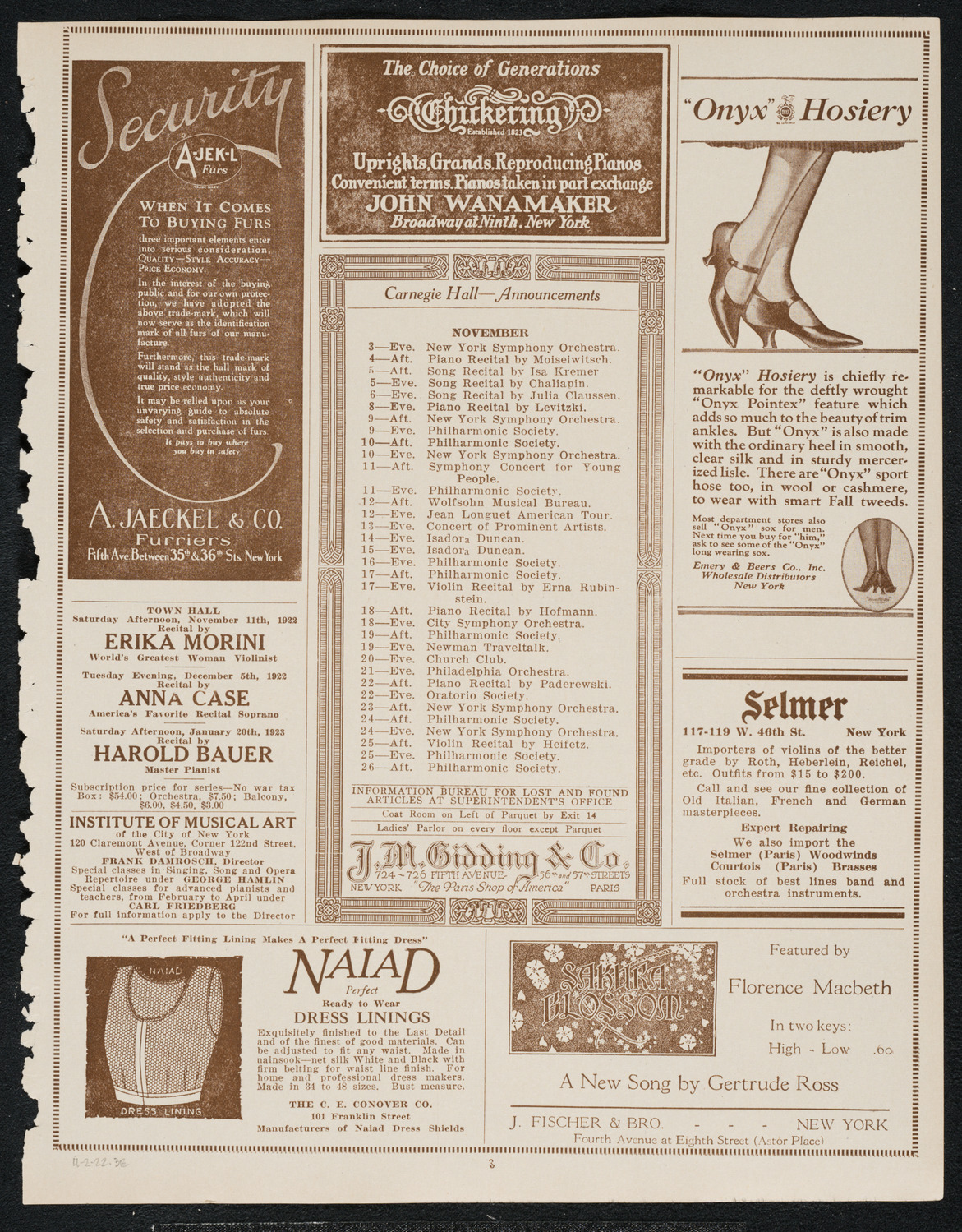 Florence Easton, Soprano, November 2, 1922, program page 3