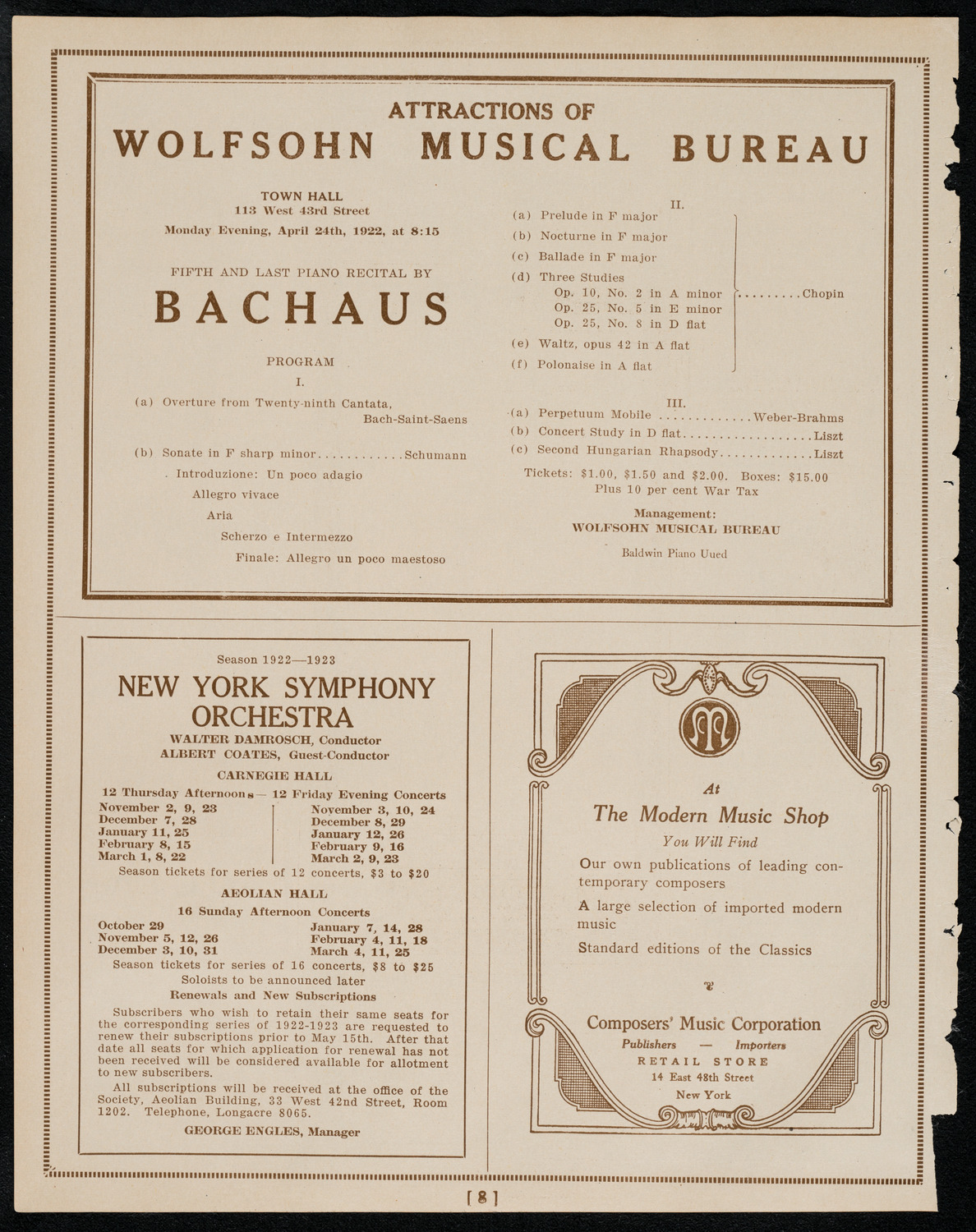 Fritz Kreisler, Violin, April 23, 1922, program page 8