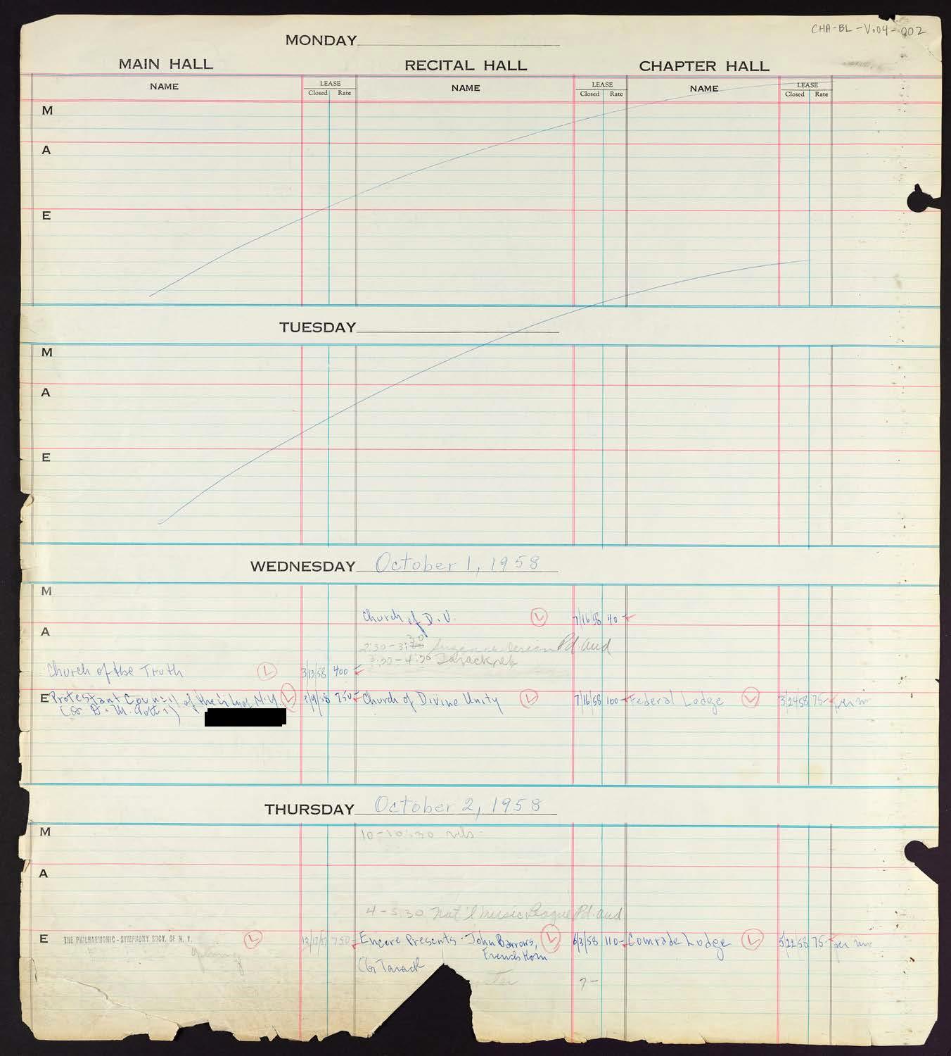 Carnegie Hall Booking Ledger, volume 4, page 2