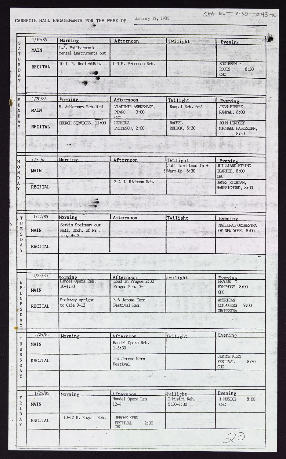 Carnegie Hall Booking Ledger, volume 30, page 43a