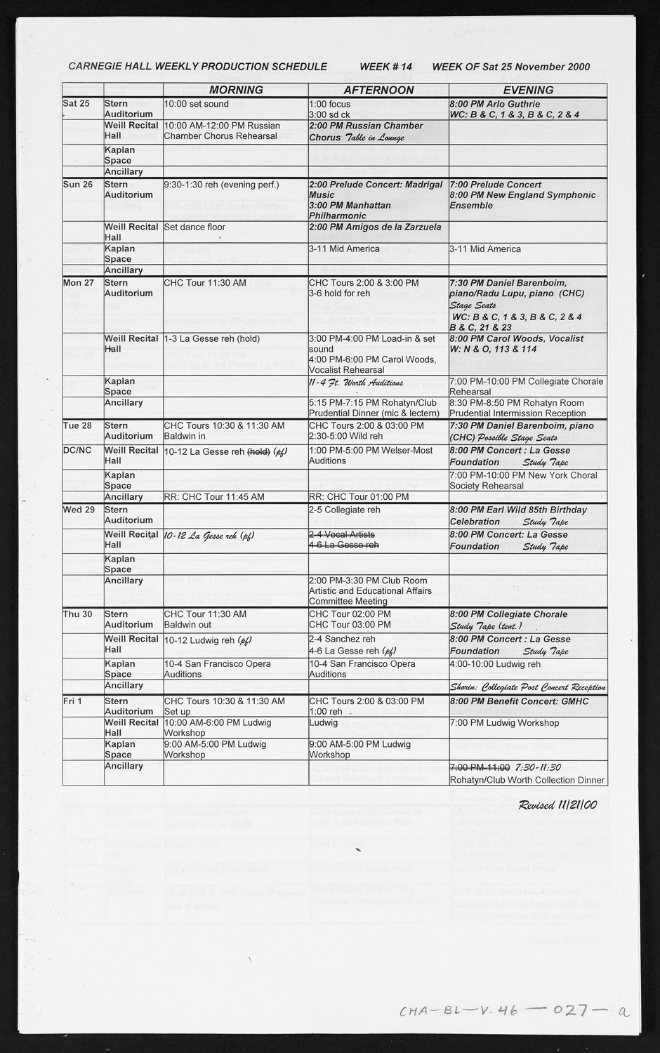 Carnegie Hall Booking Ledger, volume 46, page 27a