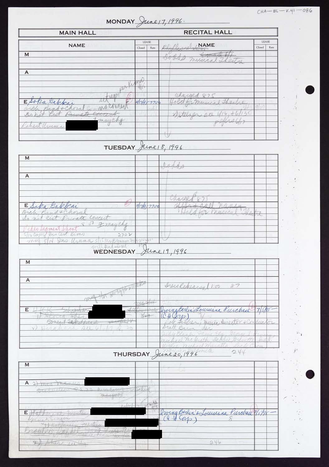 Carnegie Hall Booking Ledger, volume 41, page 86