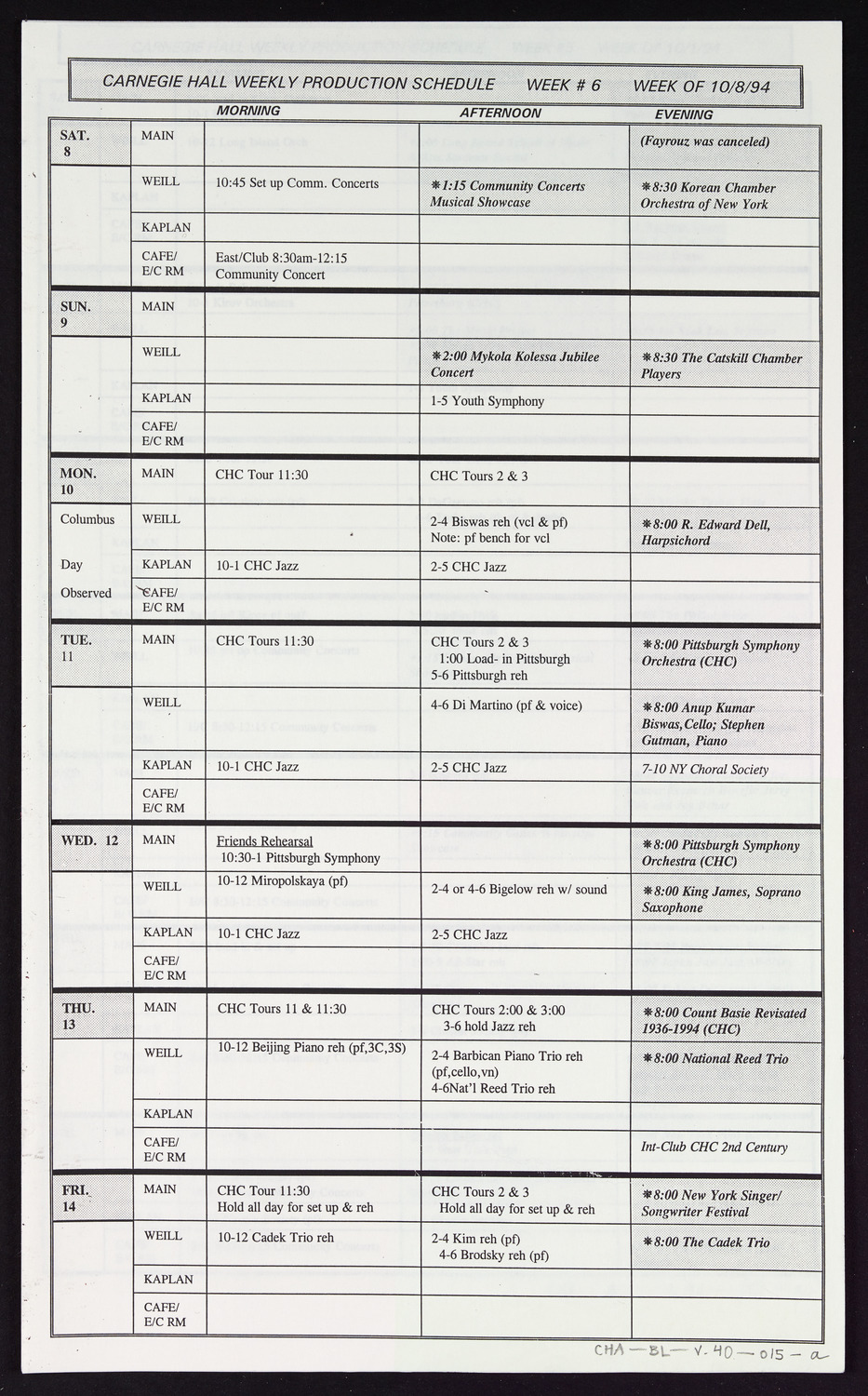 Carnegie Hall Booking Ledger, volume 40, page 15a