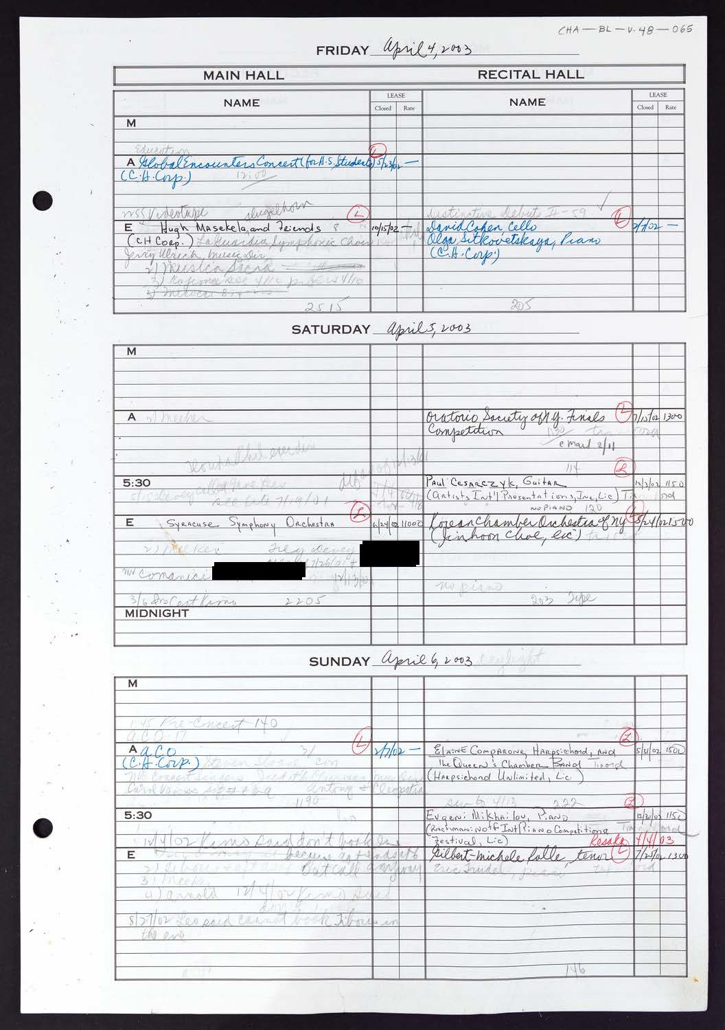 Carnegie Hall Booking Ledger, volume 48, page 65