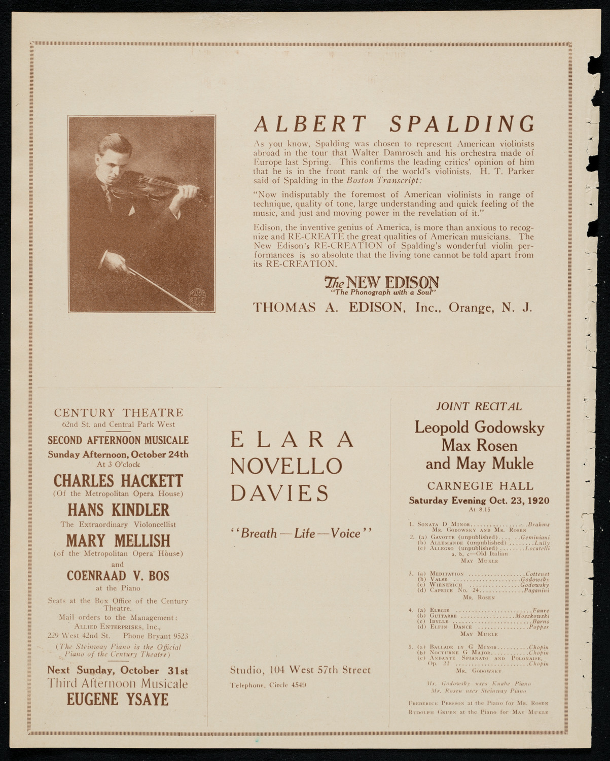 Edward Johnson, Tenor, October 23, 1920, program page 2