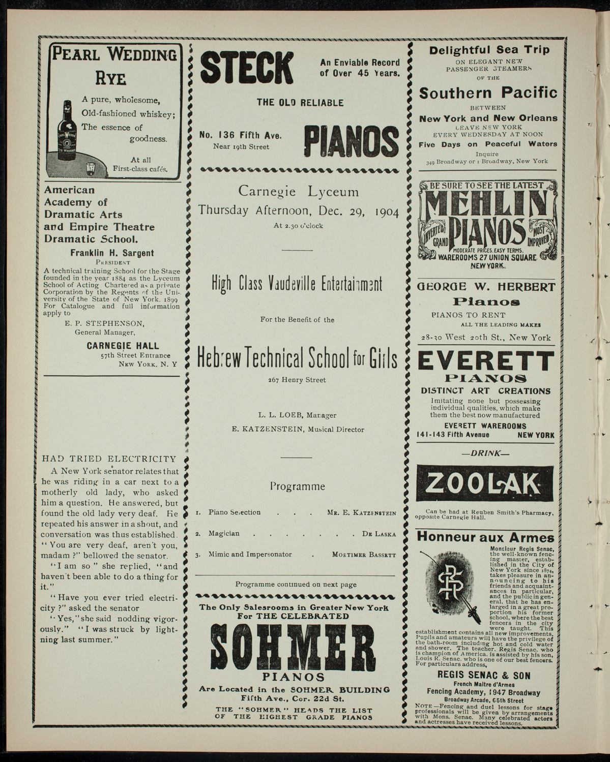 Benefit: Hebrew Technical School for Girls, December 29, 1904, program page 2