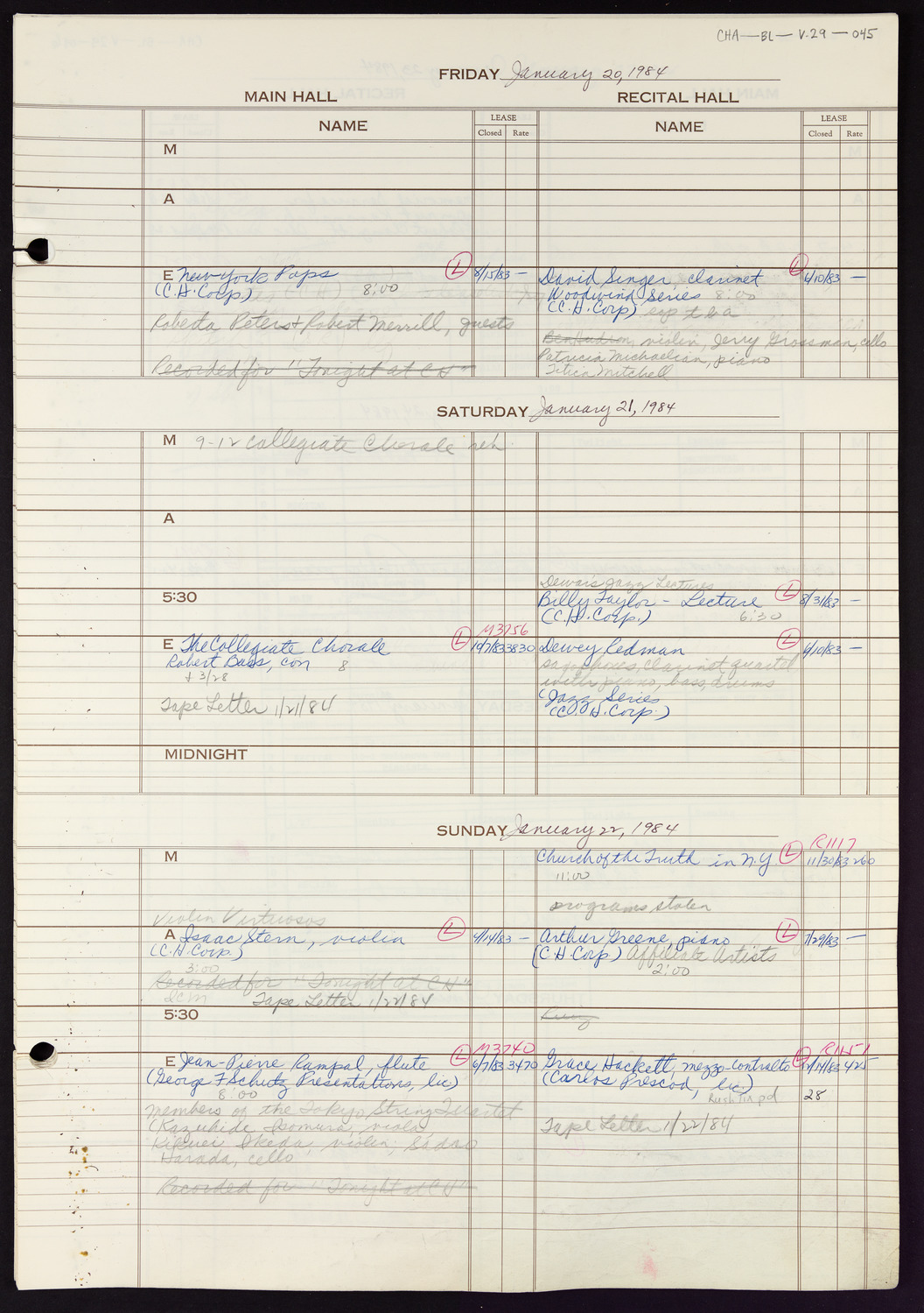 Carnegie Hall Booking Ledger, volume 29, page 45