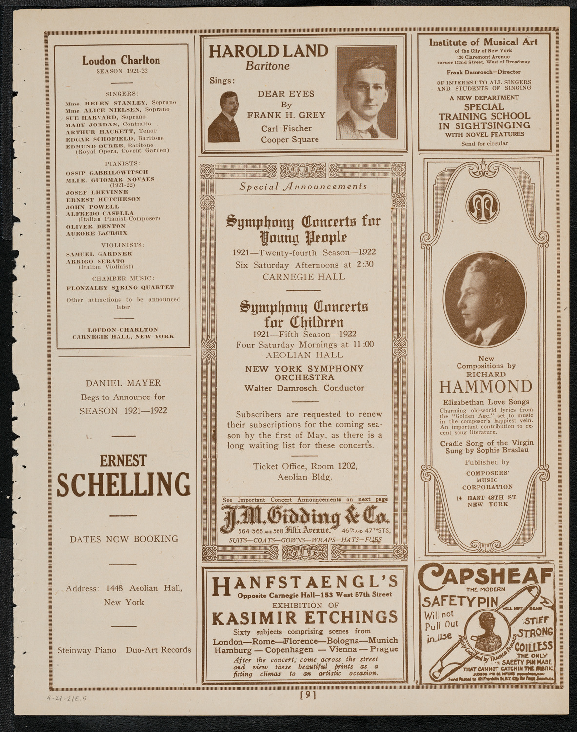 National Symphony Orchestra, April 24, 1921, program page 9