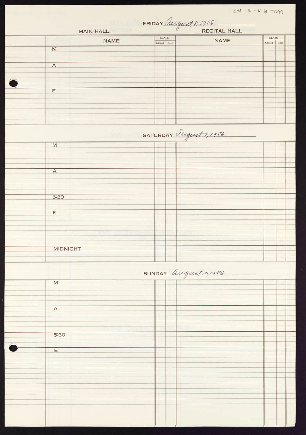 Carnegie Hall Booking Ledger, volume 31, page 99
