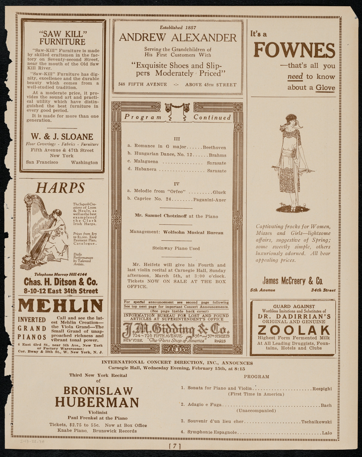 Jascha Heifetz, Violin, February 13, 1922, program page 7
