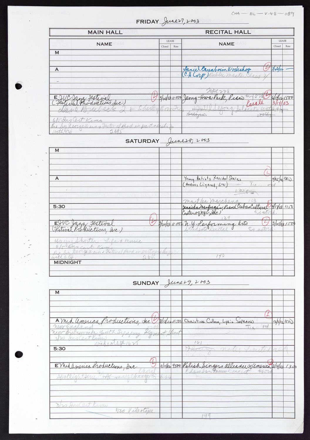 Carnegie Hall Booking Ledger, volume 48, page 89
