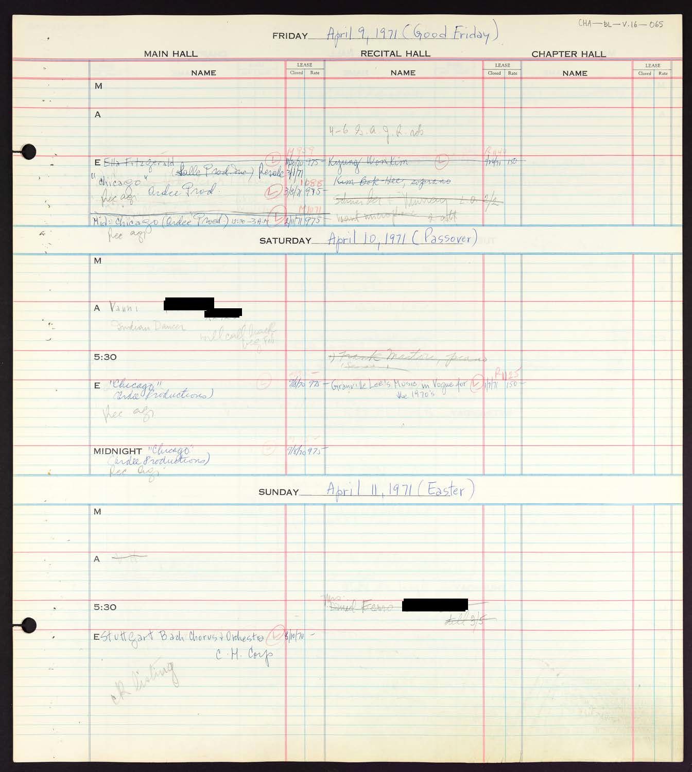 Carnegie Hall Booking Ledger, volume 16, page 65