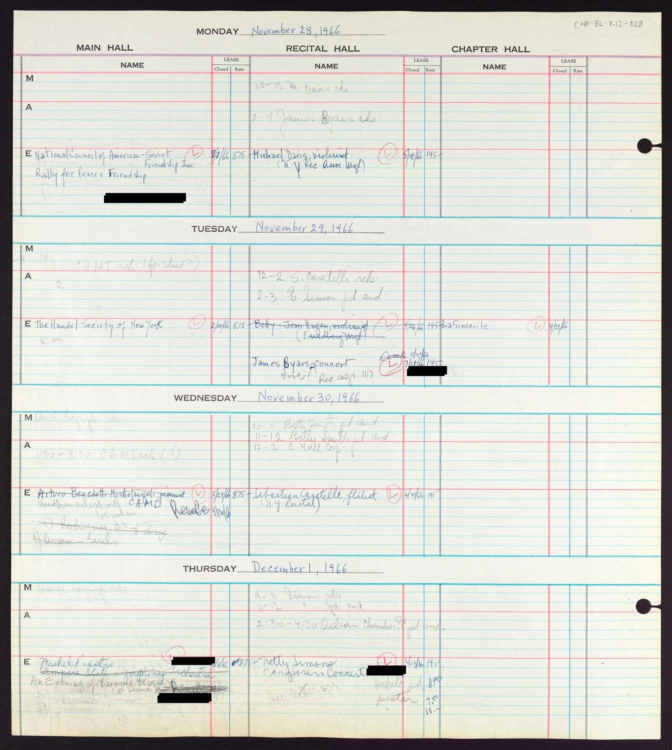 Carnegie Hall Booking Ledger, volume 12, page 28