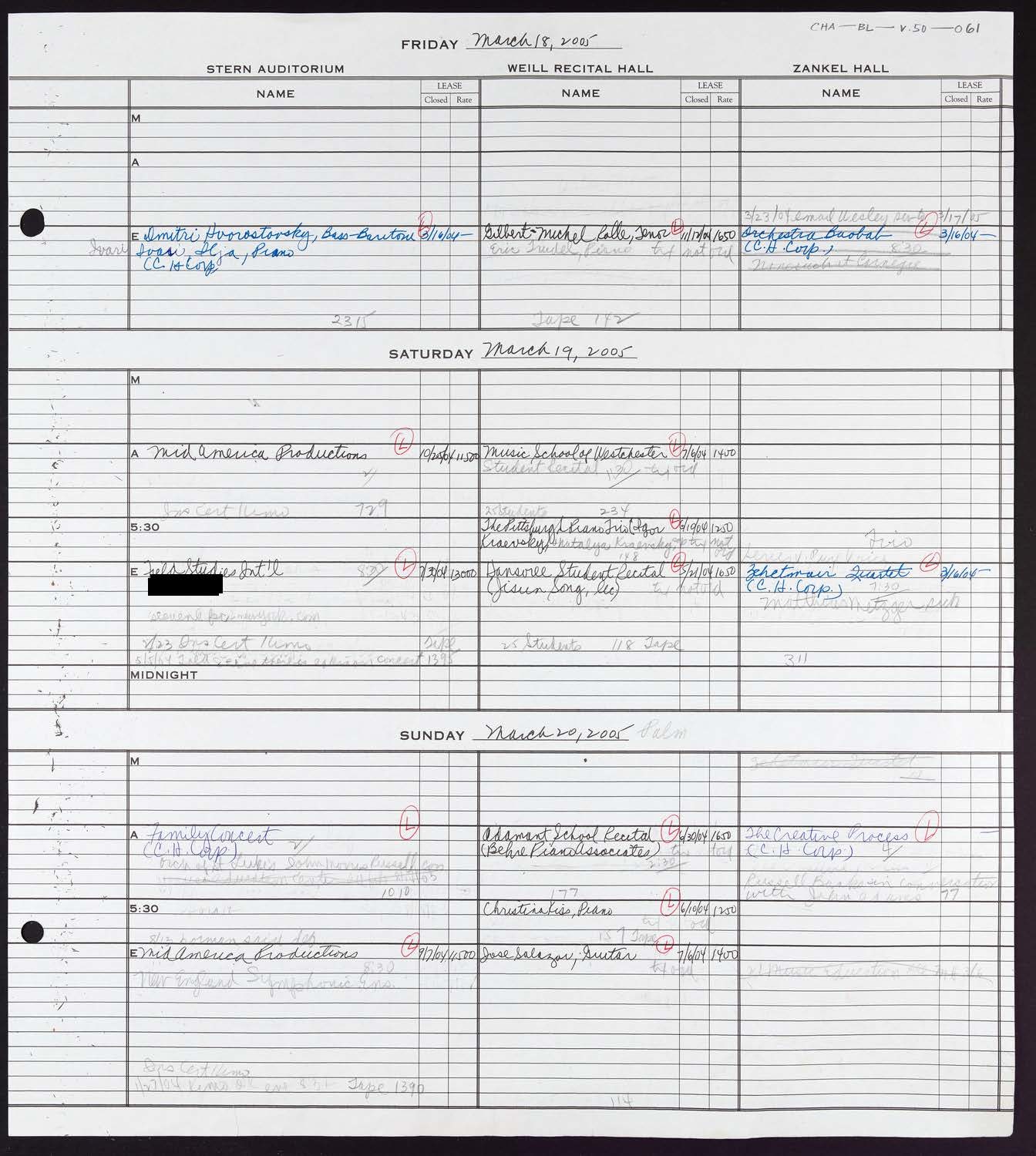 Carnegie Hall Booking Ledger, volume 50, page 61