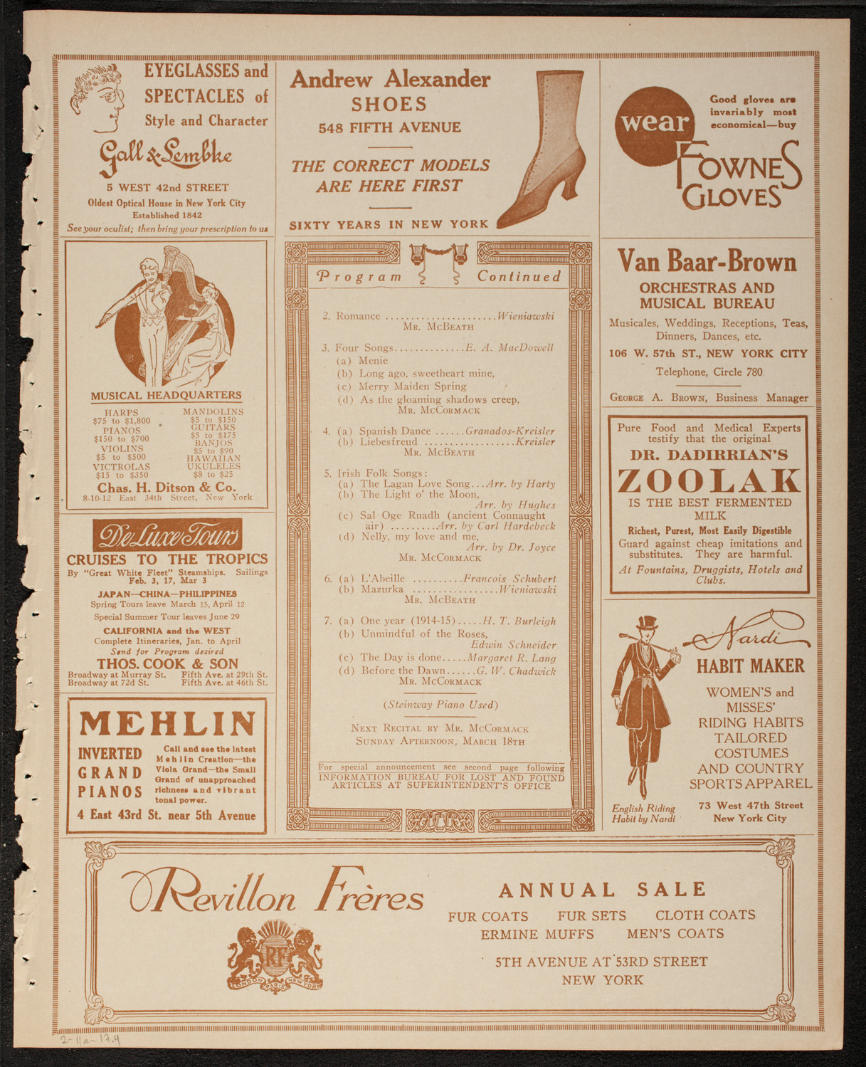 John McCormack, Tenor, February 11, 1917, program page 7