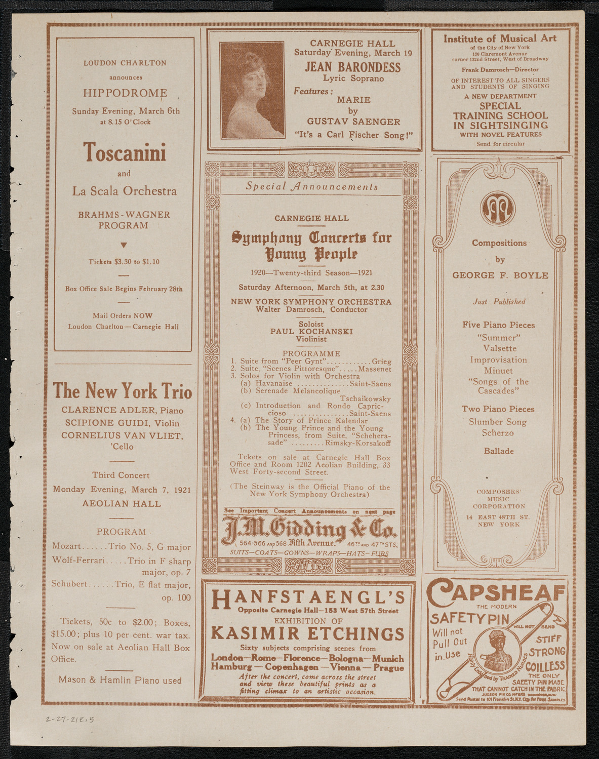 National Symphony Orchestra, February 27, 1921, program page 9