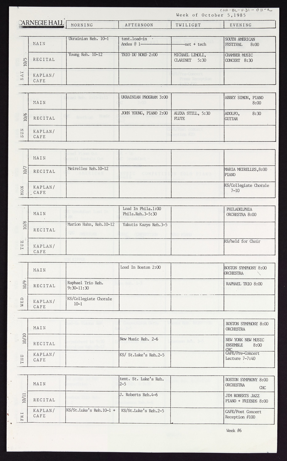 Carnegie Hall Booking Ledger, volume 31, page 11a