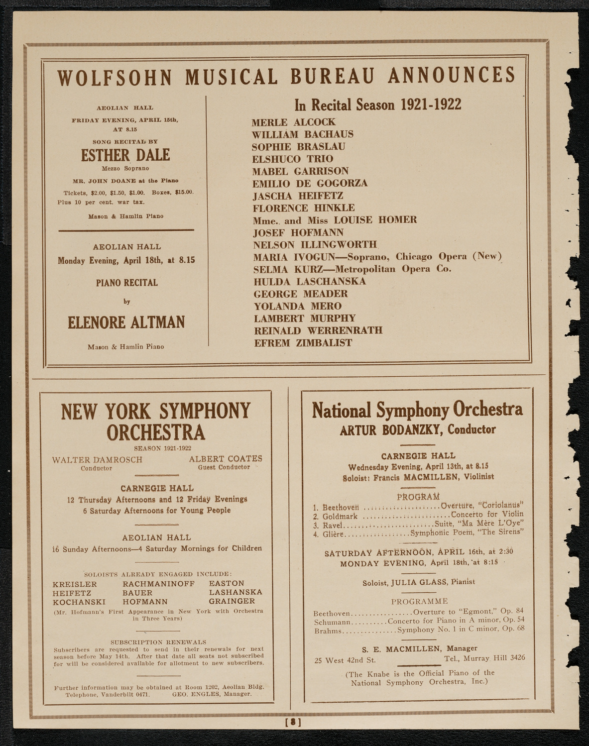 National Symphony Orchestra, April 12, 1921, program page 8