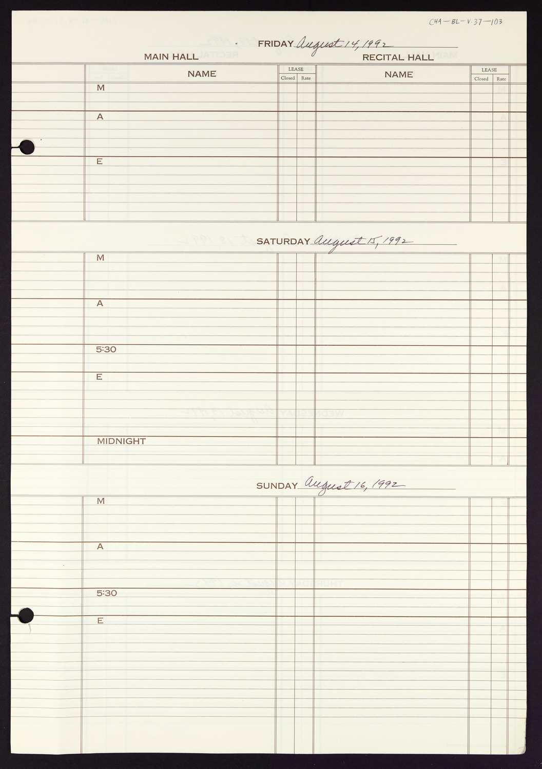 Carnegie Hall Booking Ledger, volume 37, page 103