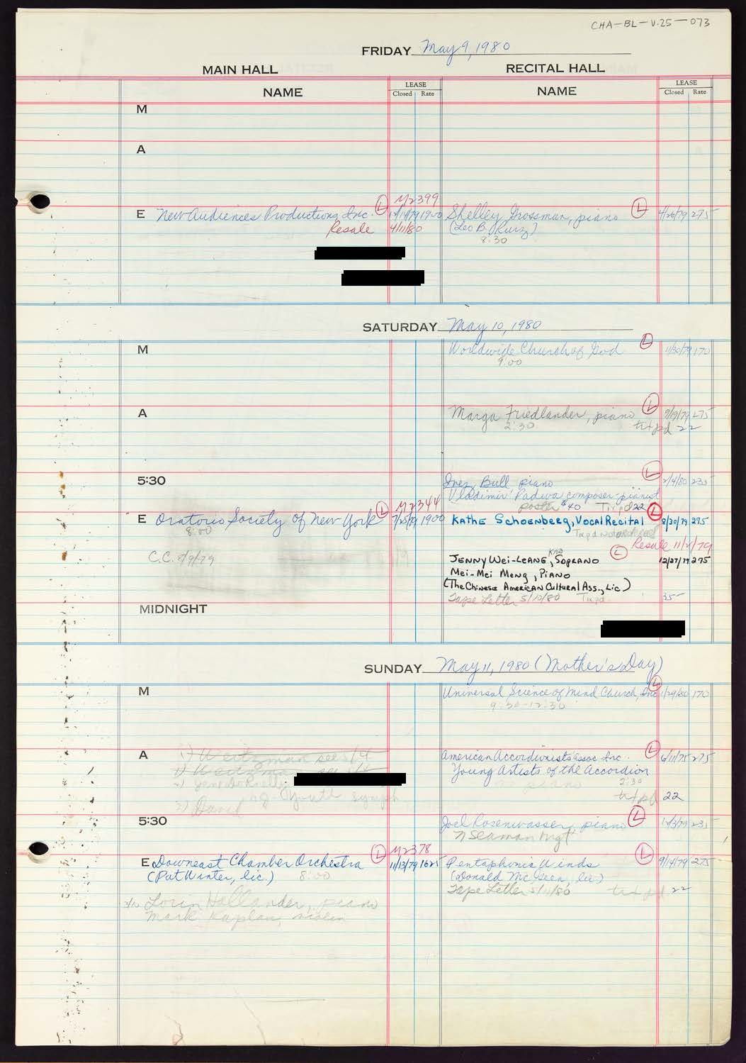 Carnegie Hall Booking Ledger, volume 25, page 73