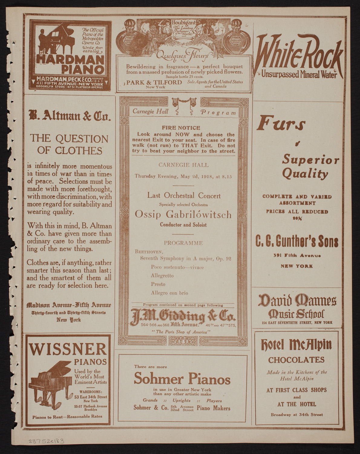 Ossip Gabrilowitsch Orchestral Concert, May 2, 1918, program page 5