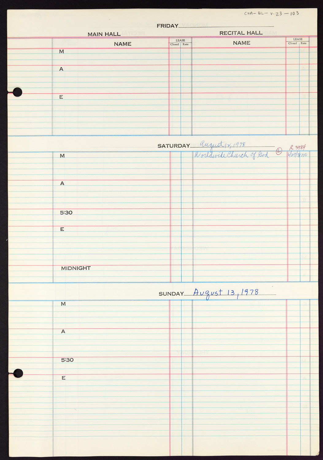 Carnegie Hall Booking Ledger, volume 23, page 103