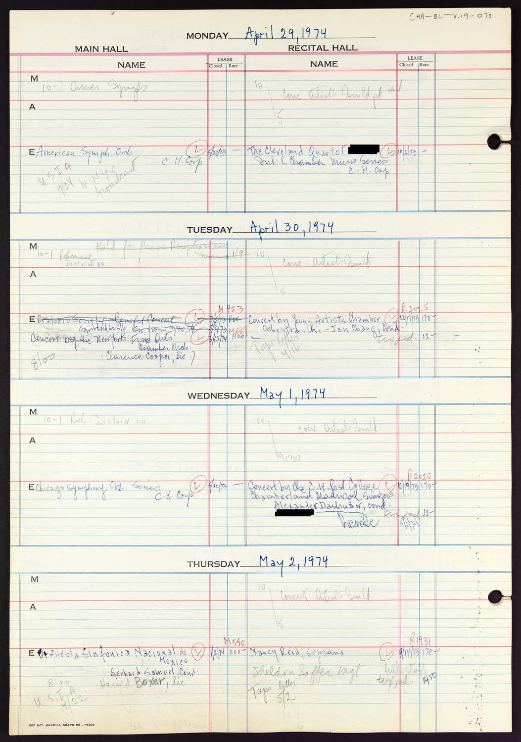 Carnegie Hall Booking Ledger, volume 19, page 70