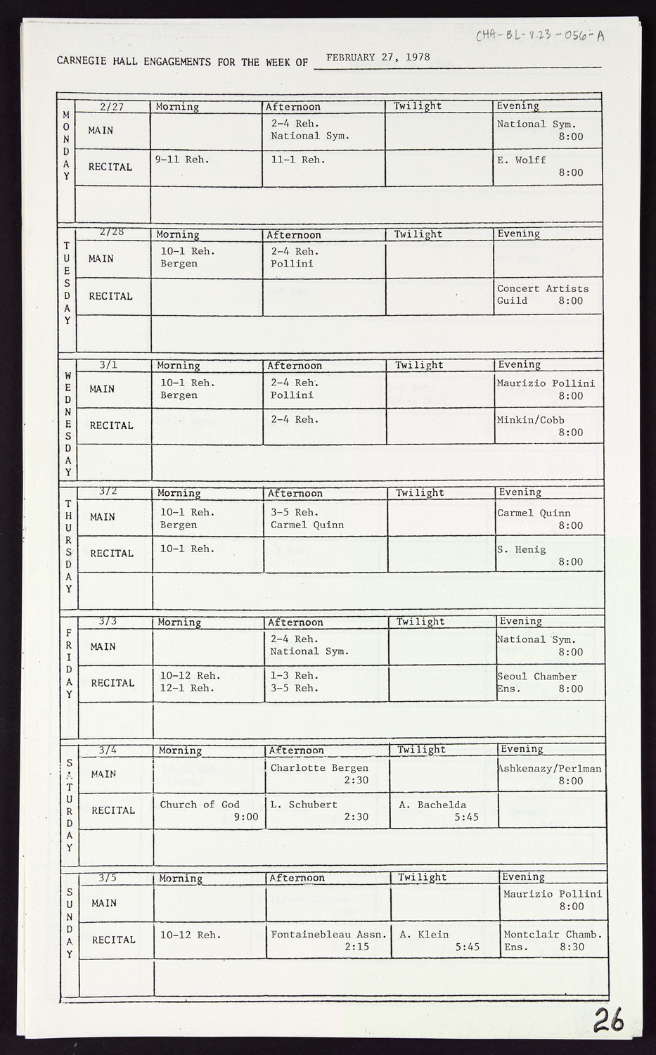 Carnegie Hall Booking Ledger, volume 23, page 56a