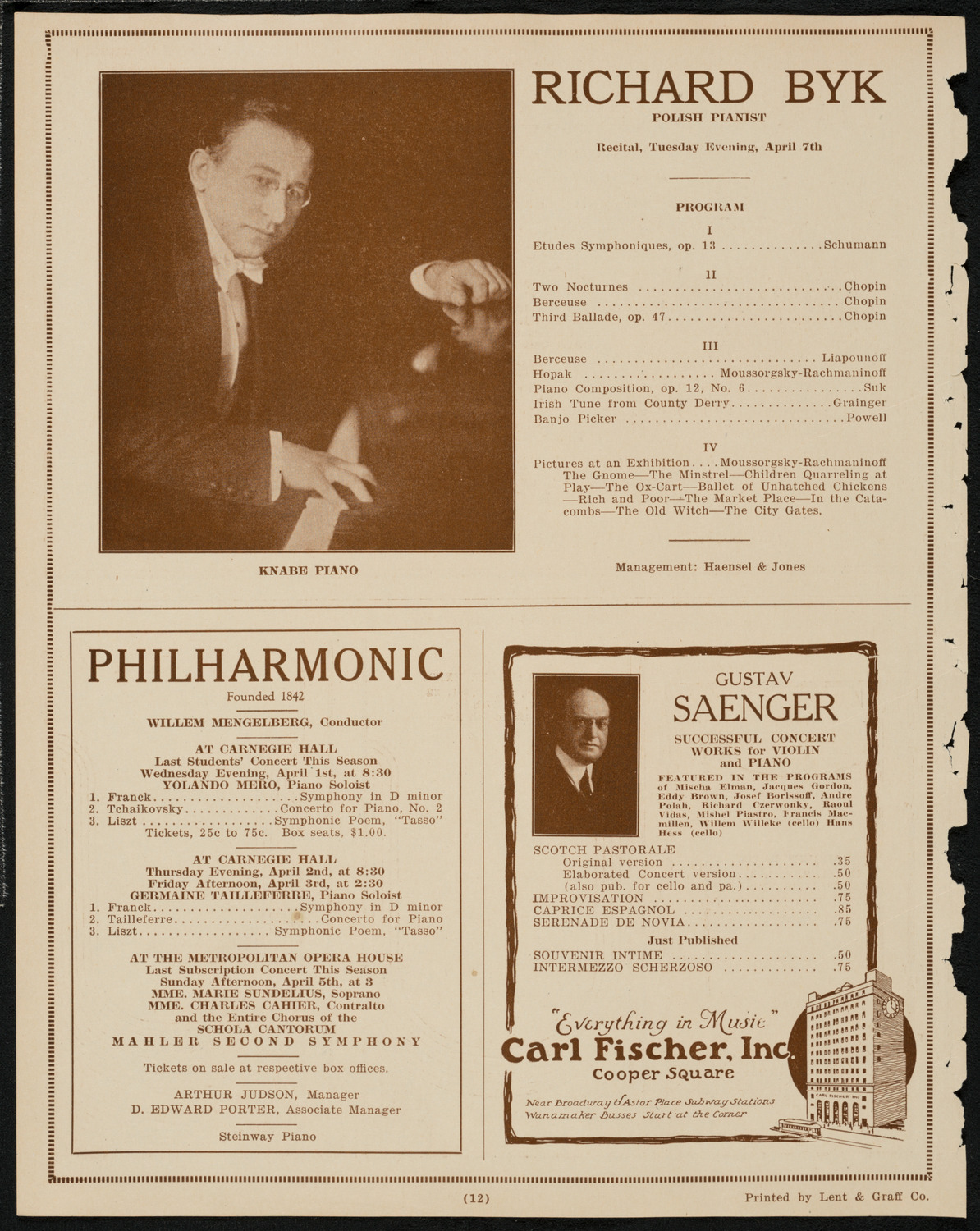 Beniamino Gigli, Tenor, March 30, 1925, program page 12