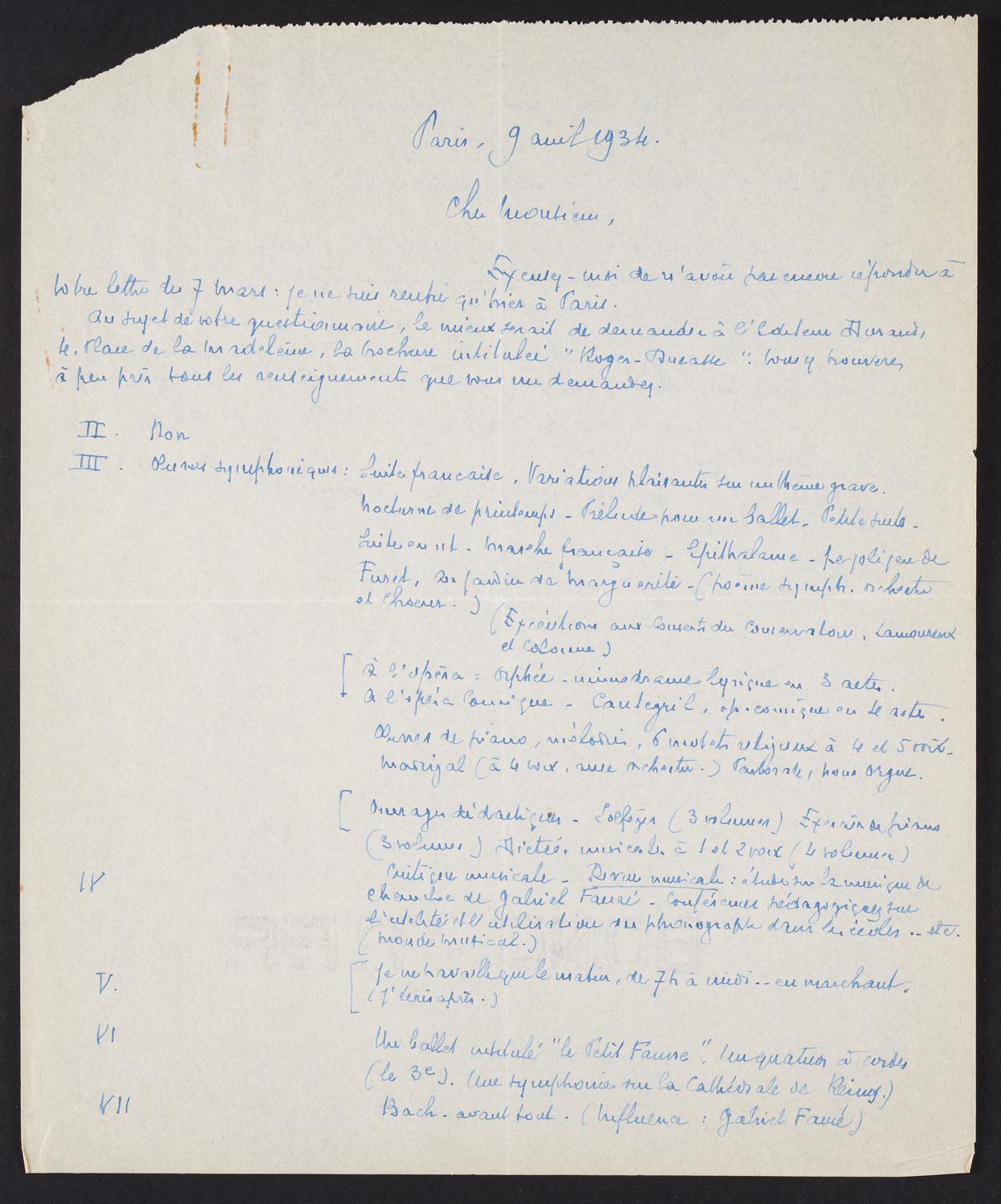Correspondence from Jean Roger-Ducasse to David Ewen, page 1 of 2