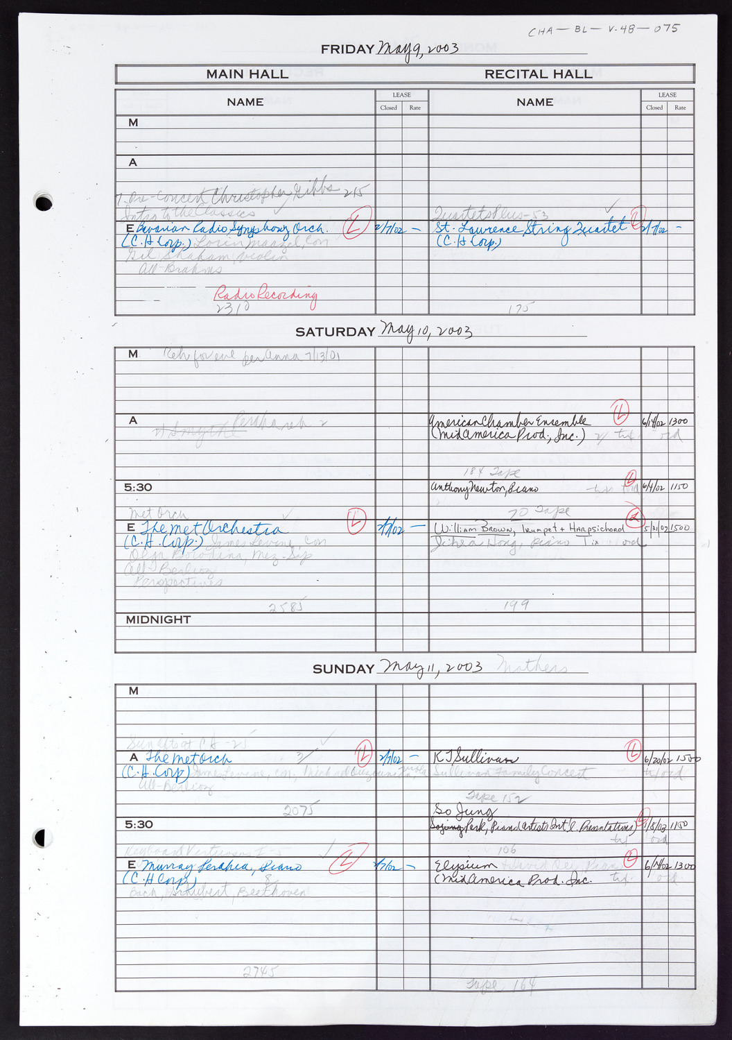 Carnegie Hall Booking Ledger, volume 48, page 75